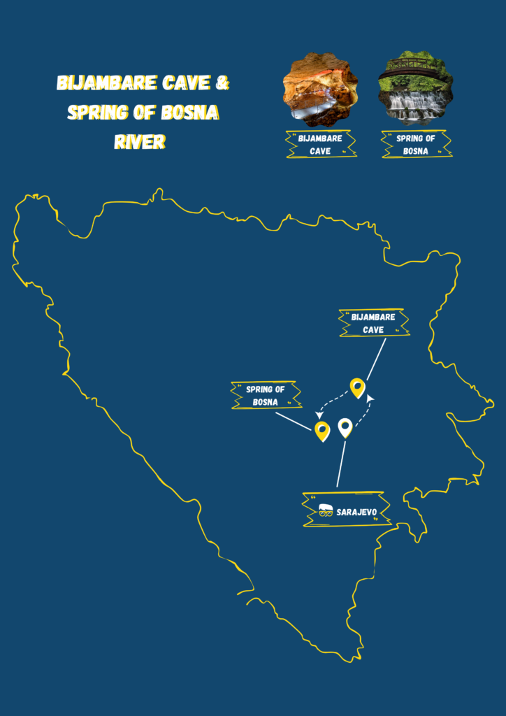 Bijambare cave and spring of Bosna river tour map